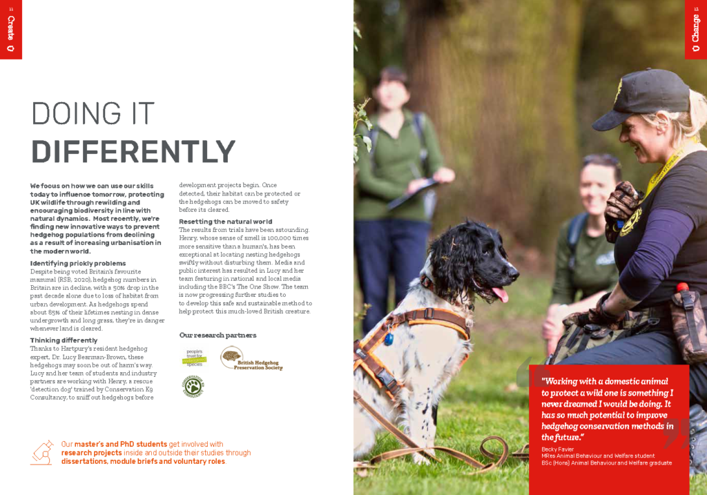 Hartpury University postgraduate prospectus page promoting animal research into hedgehog protection methods