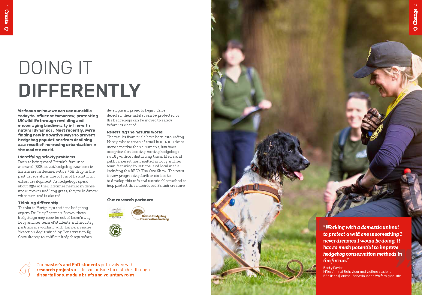 Hartpury University postgraduate prospectus page promoting animal research into hedgehog protection methods