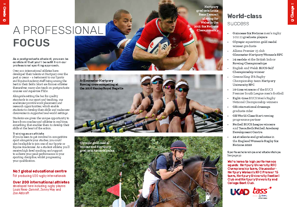 Hartpury University postgraduate prospectus page showing professional performance sports activities