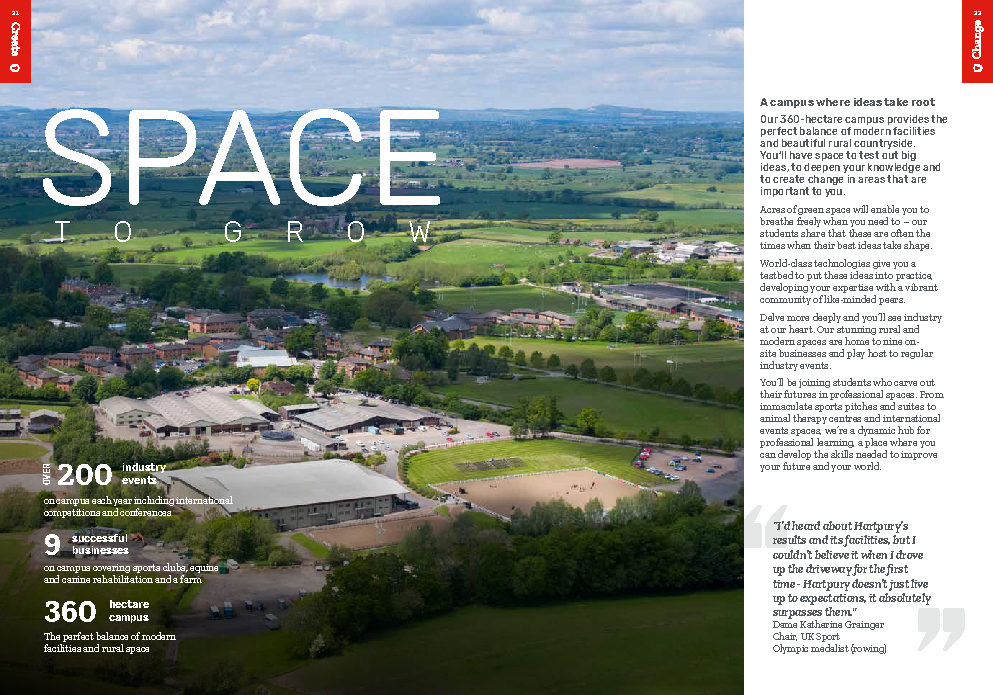 Hartpury University postgraduate prospectus showing aerial campus photograph and text