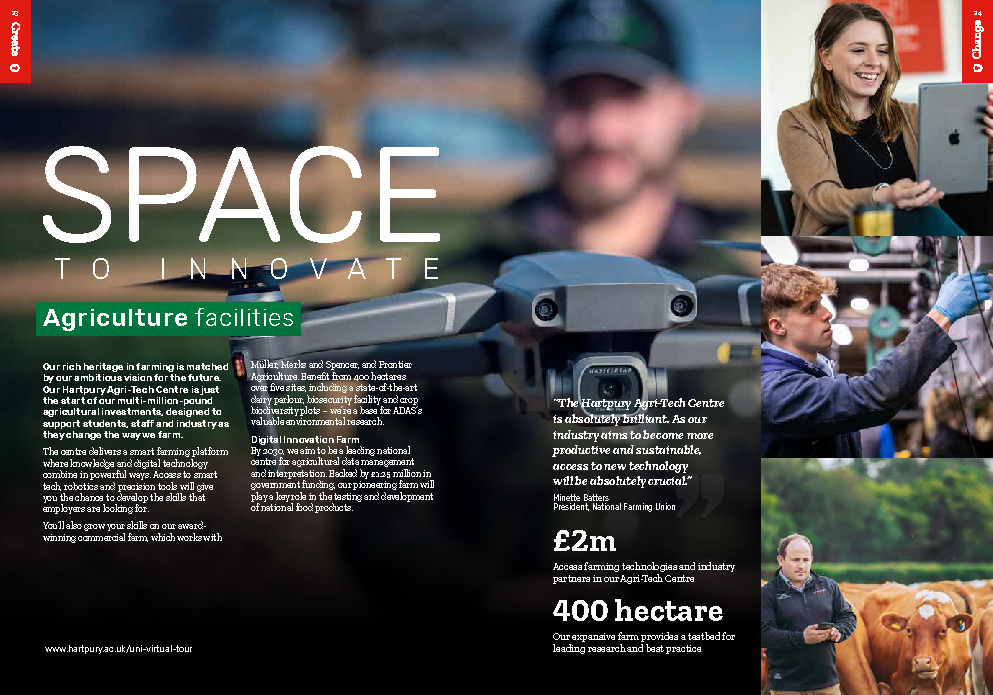 Hartpury University postgraduate prospectus page promoting agriculture learning and research facilities