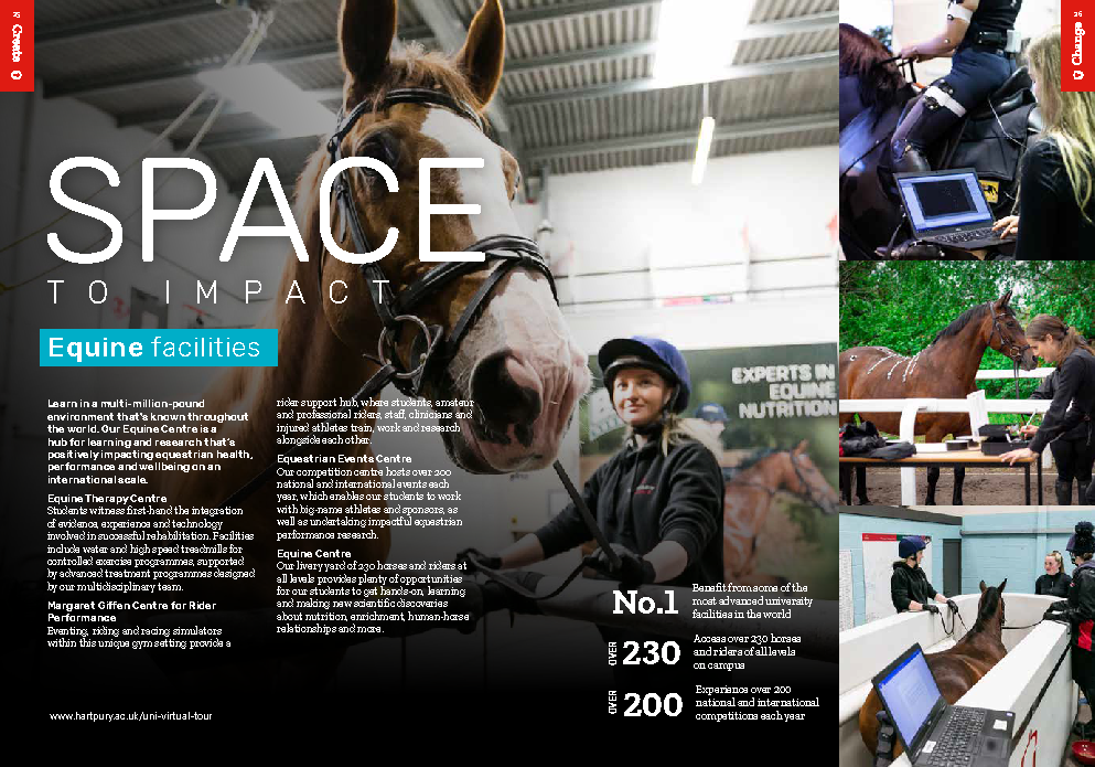 Hartpury University postgraduate prospectus page promoting equine learning and research facilities