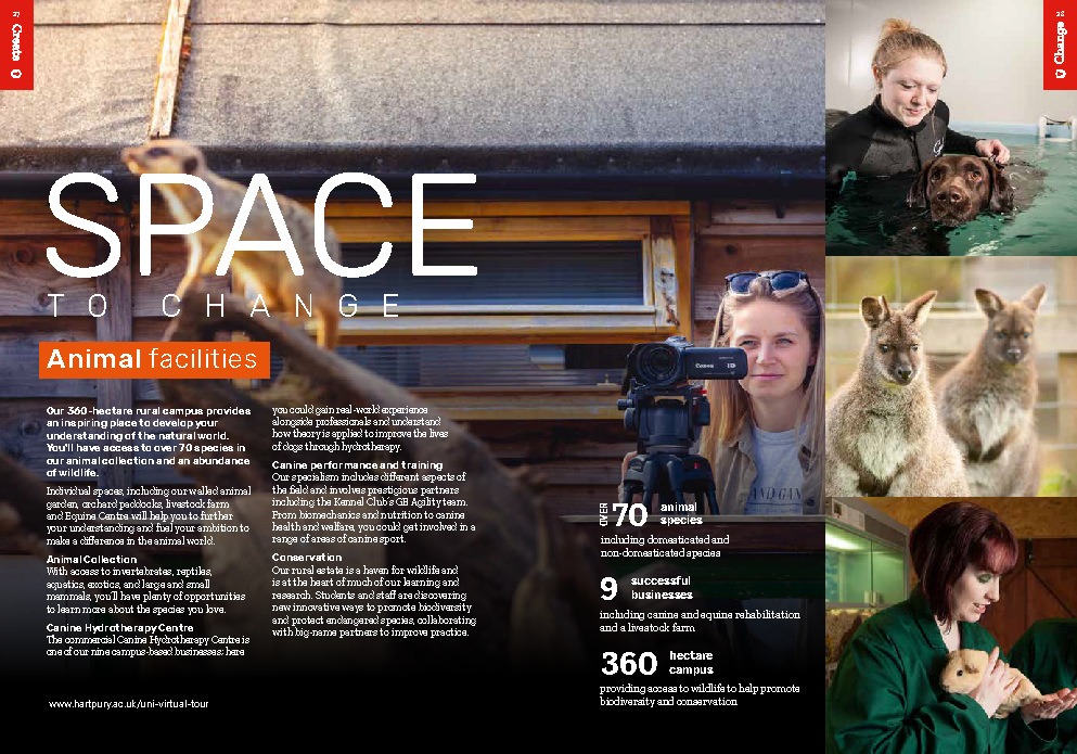 Hartpury University postgraduate prospectus page promoting animal learning and research facilities