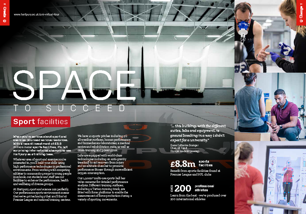 Hartpury University postgraduate prospectus page promoting sports learning and research facilities