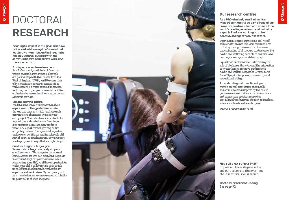 Hartpury University postgraduate prospectus page promoting doctoral research experiences