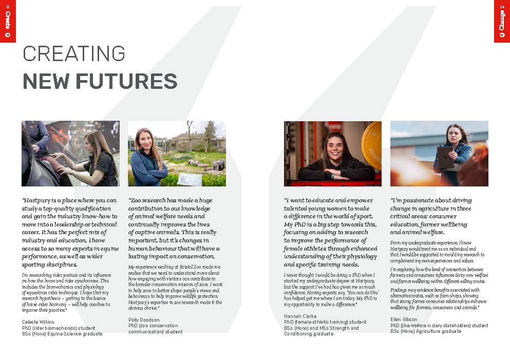 Hartpury University postgraduate prospectus page promoting PhD student and alumni experiences