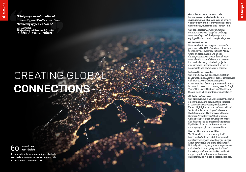 Hartpury University postgraduate prospectus page promoting international partnerships that benefit students
