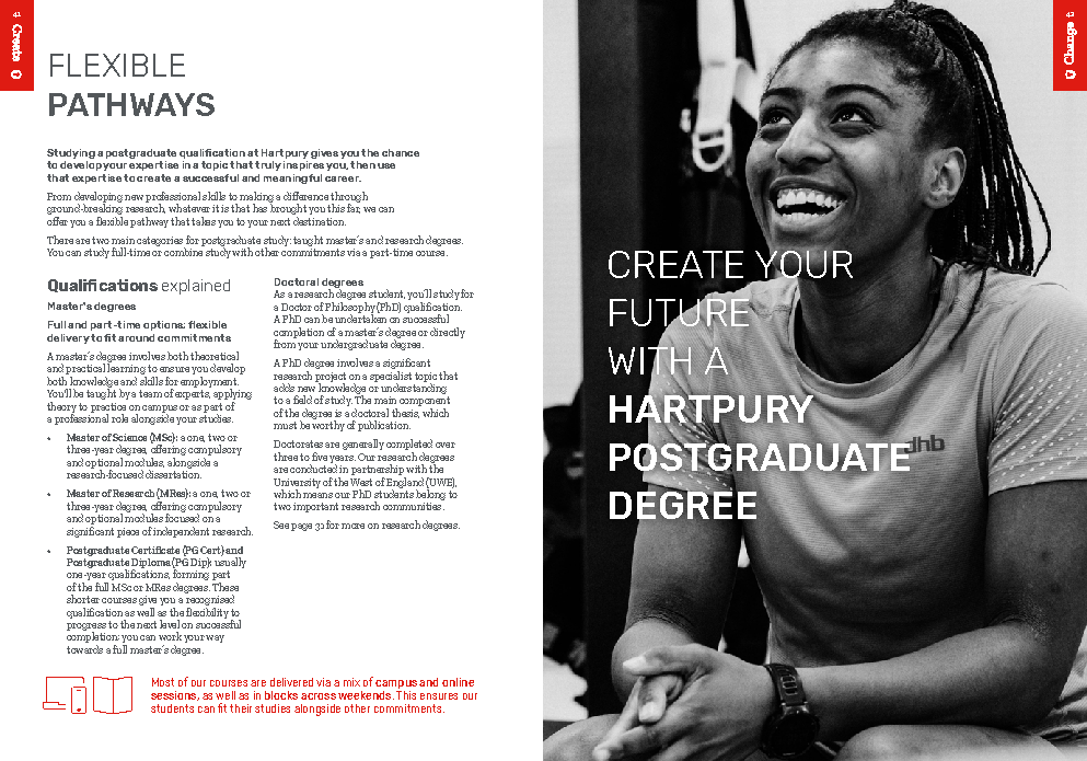 Hartpury University postgraduate prospectus page promoting flexible learning pathways and qualifications