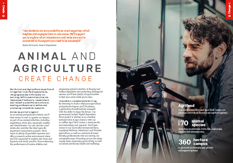 Hartpury University postgraduate prospectus page promoting postgraduate animal degrees at Hartpury