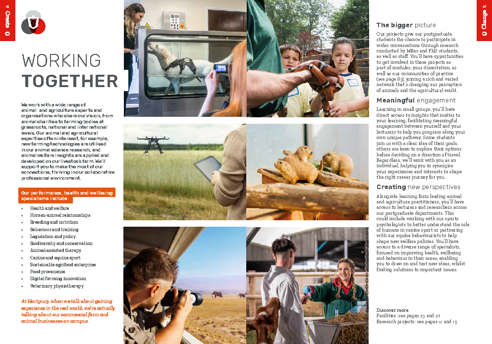 Hartpury University postgraduate prospectus page promoting postgraduate animal degrees at Hartpury