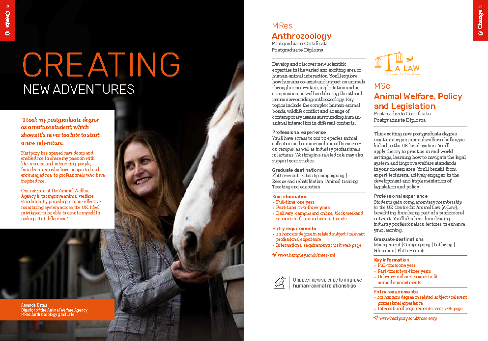 Hartpury University postgraduate prospectus page promoting MRes Animal Behaviour and Welfare degree, featuring an alumni case study