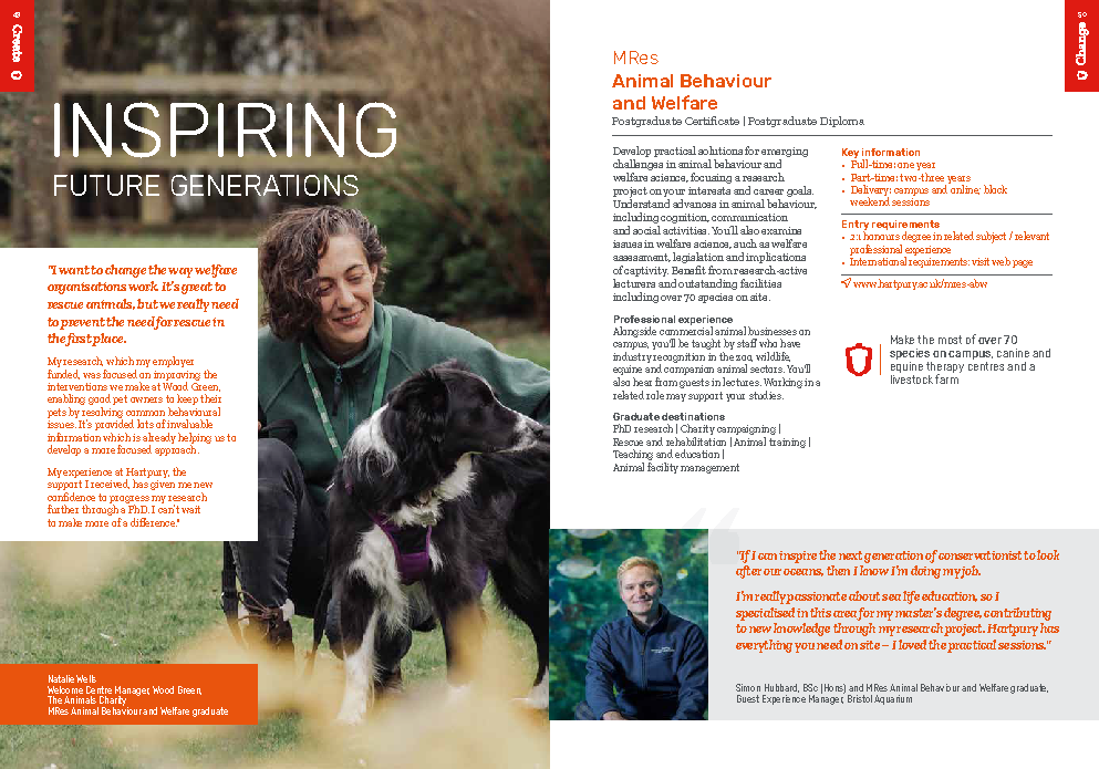 Hartpury University postgraduate prospectus page promoting MRes Animal Behaviour and Welfare degree, featuring an alumni case study