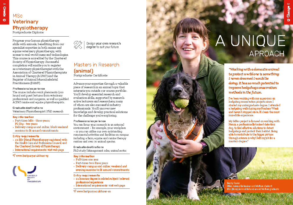 Hartpury University postgraduate prospectus page promoting MSc Veterinary Physiotherapy degree, featuring an alumni case study