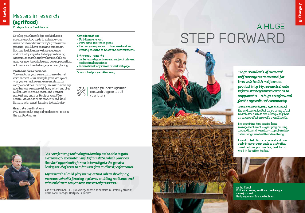 Hartpury University postgraduate prospectus page promoting Masters in Research (Agrifood) degree, featuring an academic profile