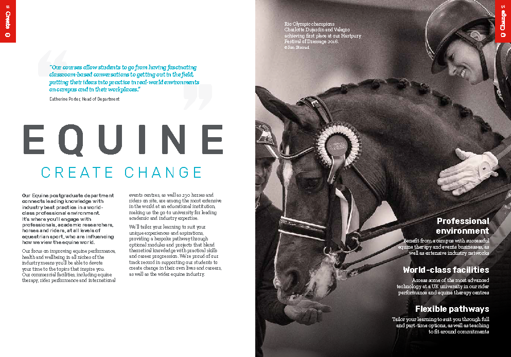 Hartpury University postgraduate prospectus page promoting the benefits of studying a postgraduate equine degree at Hartpury