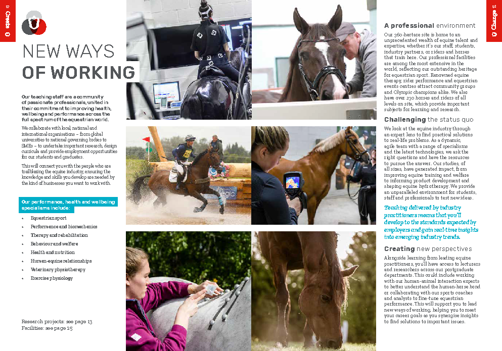 Hartpury University postgraduate prospectus page promoting the benefits of studying a postgraduate equine degree at Hartpury