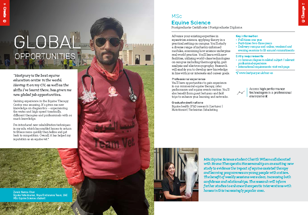 Hartpury University postgraduate prospectus page promoting MSc Equine Science degree, featuring an alumnni case study