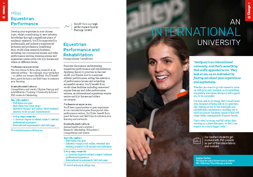 Hartpury University postgraduate prospectus page promoting MRes Equestrian Performance and Postgraduate Certificate in Equestrian Performance and Rehabilitation, featuring an alumni profile