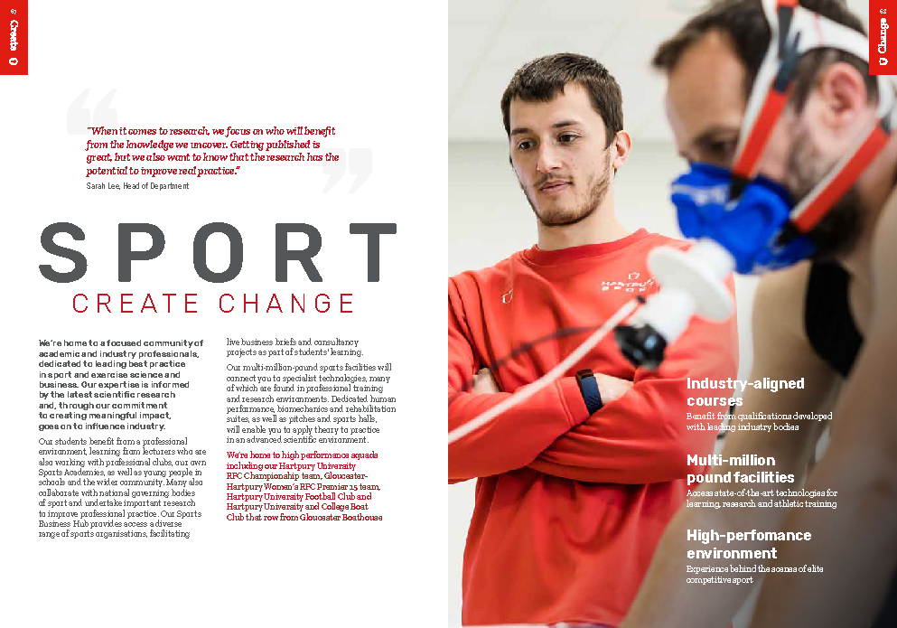 Hartpury University postgraduate prospectus page promoting studying a postgraduate sports degree