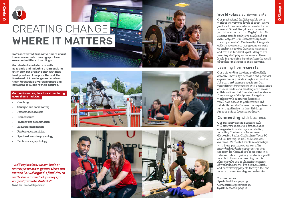 Hartpury University postgraduate prospectus page promoting postgraduate sports degrees and the department as a whole