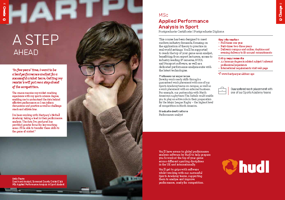 Hartpury University postgraduate prospectus page promoting MSc Applied Performance Analysis in Sport, featuring a graduate story