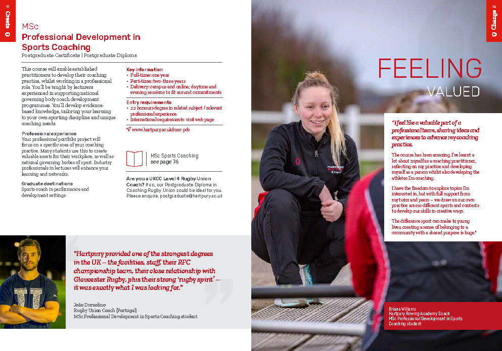 Hartpury University postgraduate prospectus page promoting MSc Professional Development in Sports Coaching, featuring a graduate story