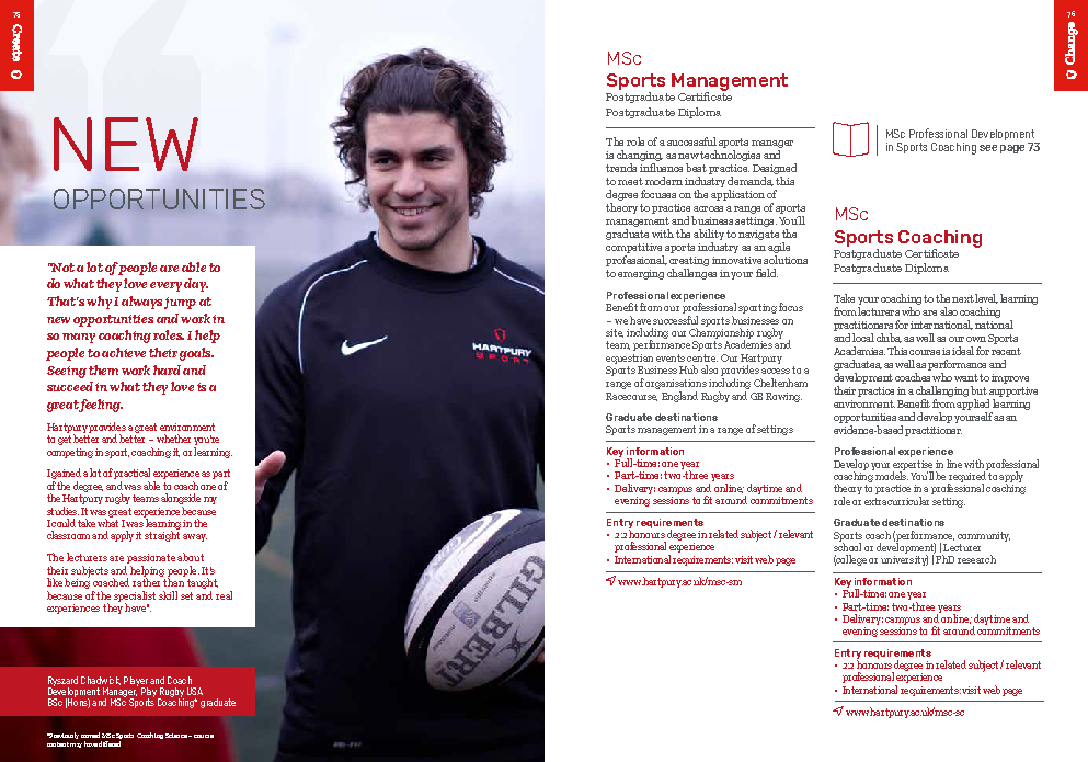 Hartpury University postgraduate prospectus page promoting MSc Sports Management and MSc Sports Coaching degrees, featuring a graduate story