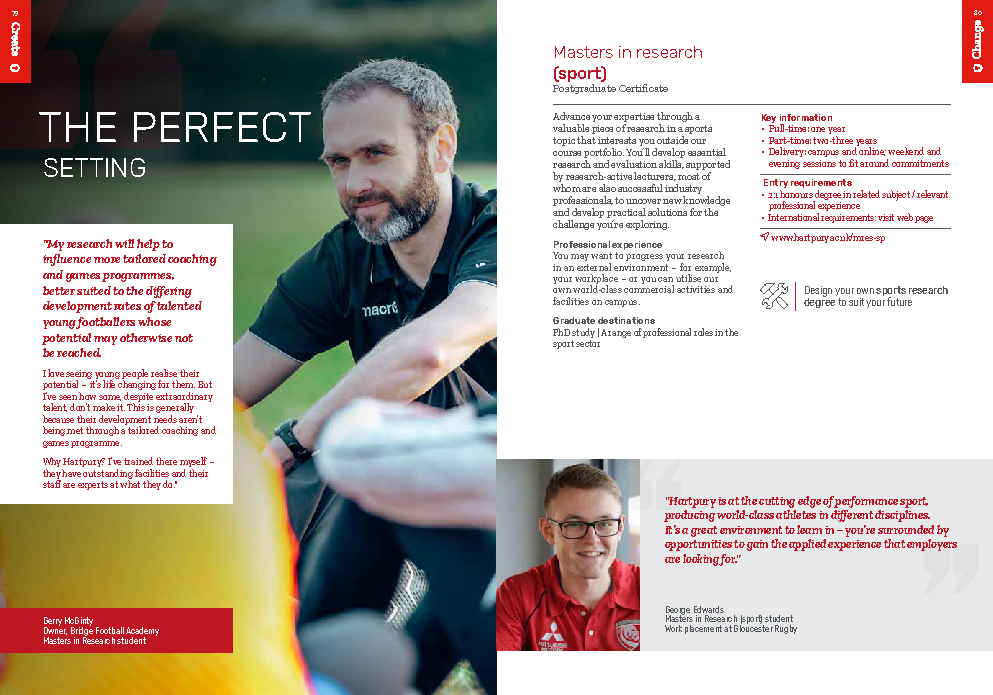 Hartpury University postgraduate prospectus page promoting a Mastres in Research degree, featuring two graduate stories
