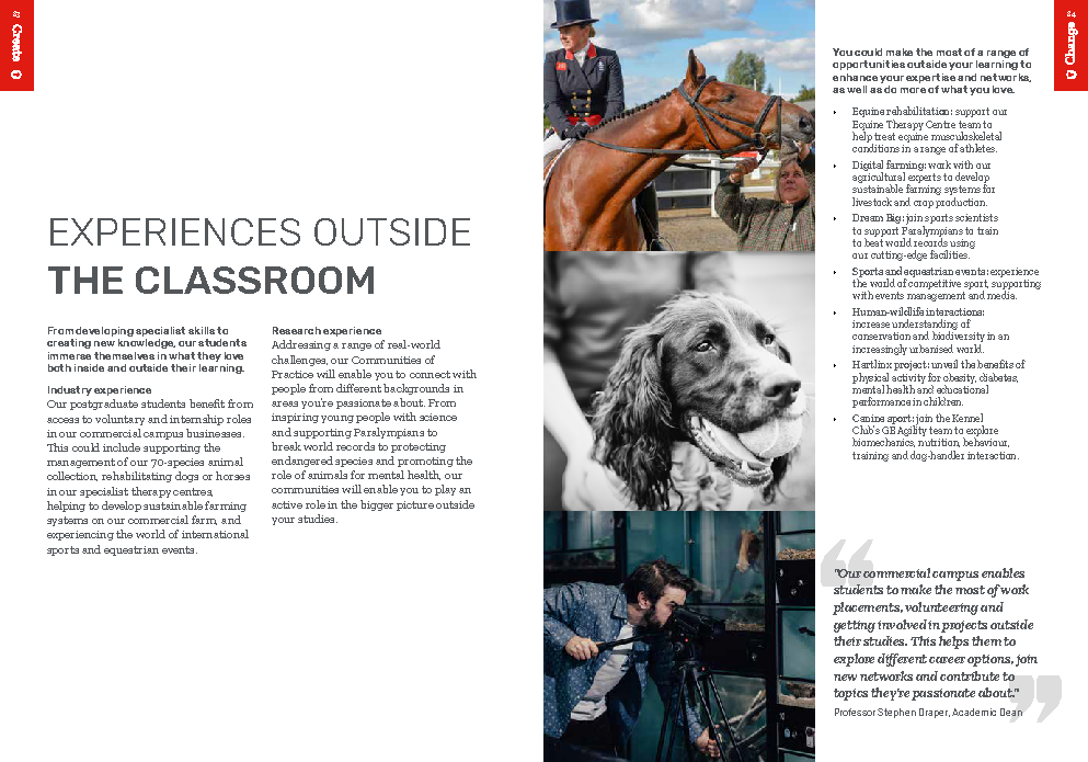 Hartpury University postgraduate prospectus page promoting industry and research experience outside the classroom inlcuding volunteering, internships and projects