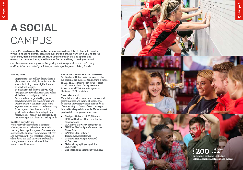 Hartpury University postgraduate prospectus page promoting student life including sport and physical activities, the student bar, the Students' Union, cafes and more