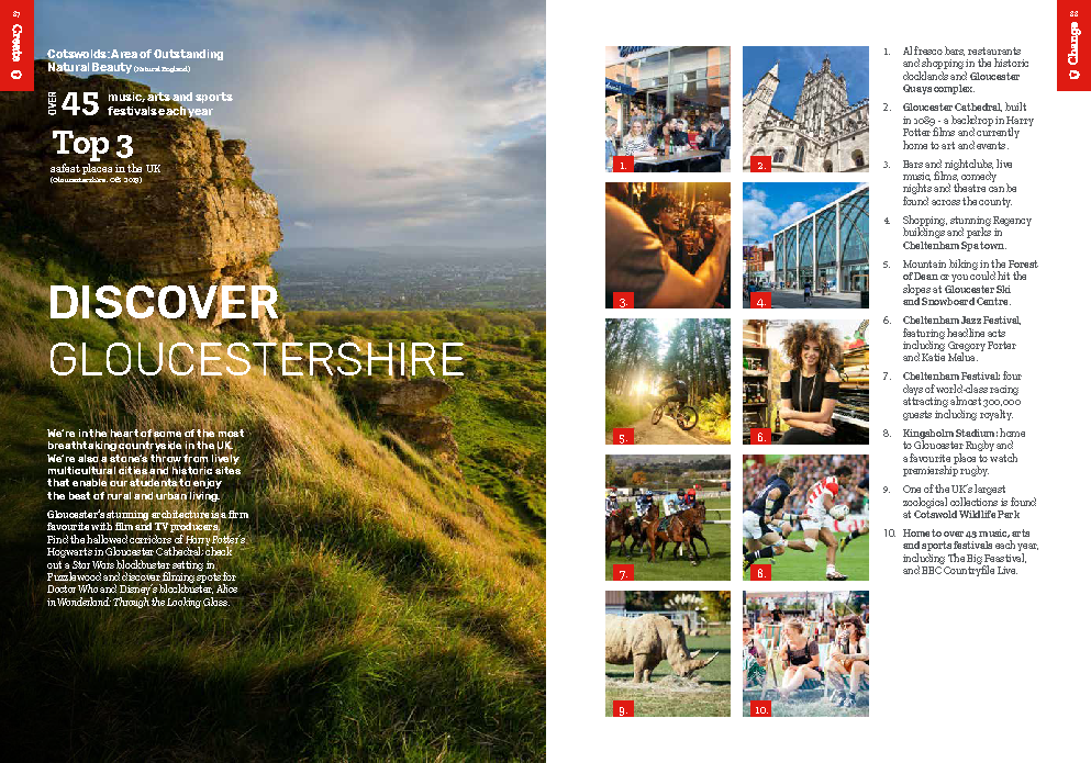 Hartpury University postgraduate prospectus page promoting Gloucestershire with a large photograph of Cleeve Hill and smaller photographs of Gloucestershire attractions