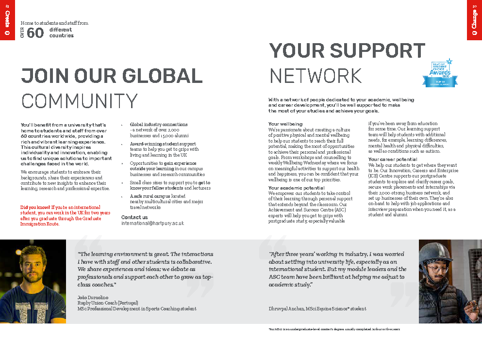 Hartpury University postgraduate prospectus pages promoting international student life and student wellbeing support