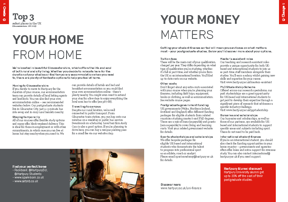 Hartpury University postgraduate prospectus pages promoting accommodation and student finance