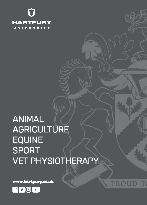 Hartpury University postgraduate prospectus back cover showing part of crest and subject areas