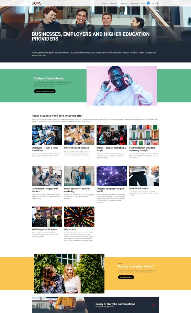 UCAS business, employers and higher education providers website landing page
