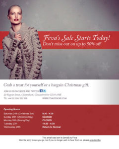 Fave Christmas Sale advert Lady in thick wool