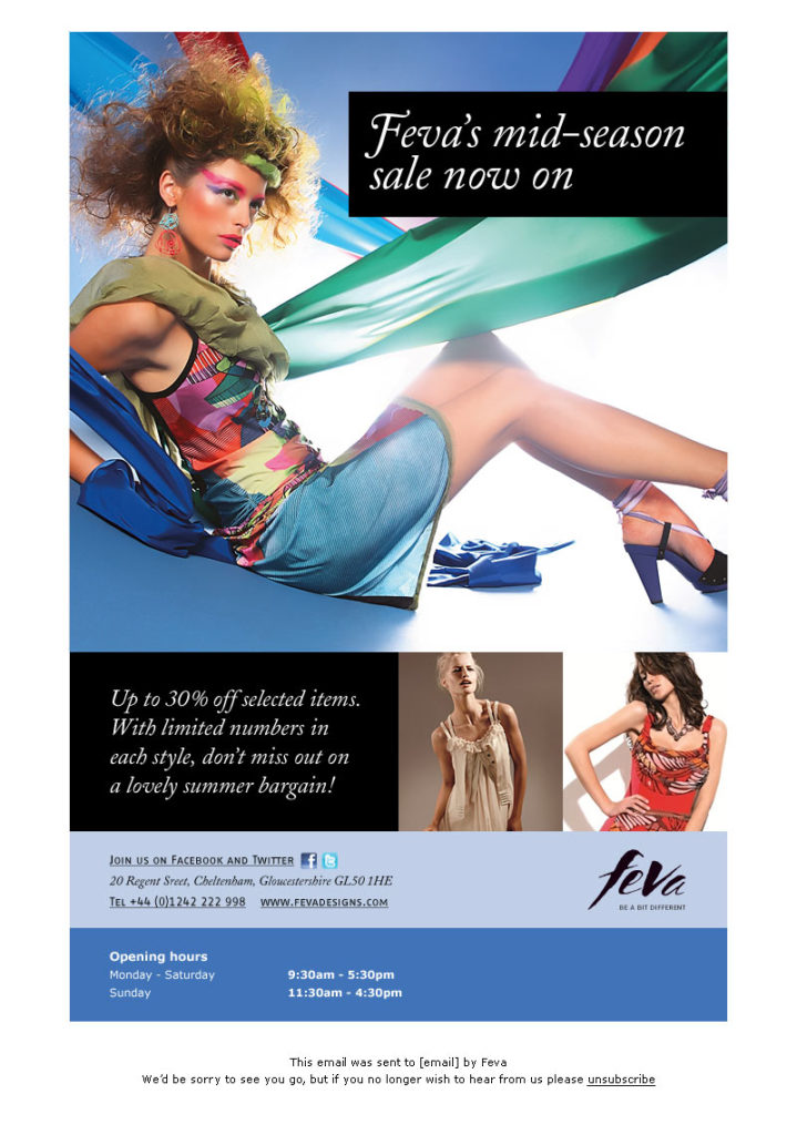 Feva womenswear boutique mid-season sale email with womean wearing a bright coloured dress featured